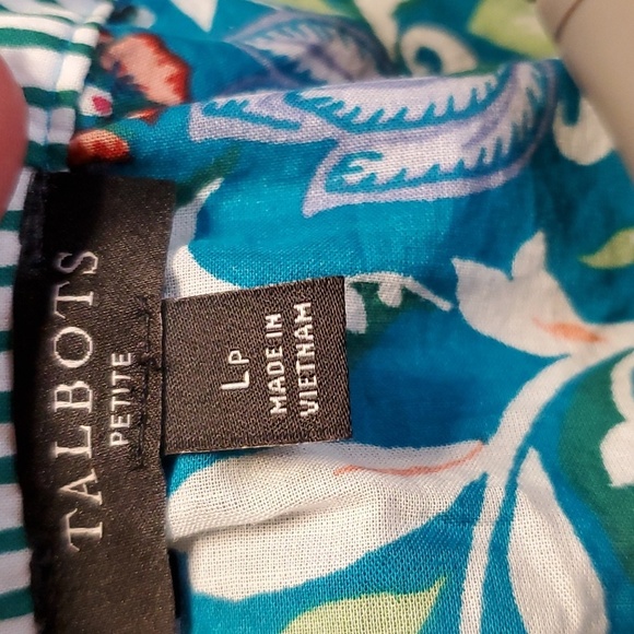 Talbots band collar popover turquoise blue jocobean floral 100% cotton sz. PL - Picture 4 of 10